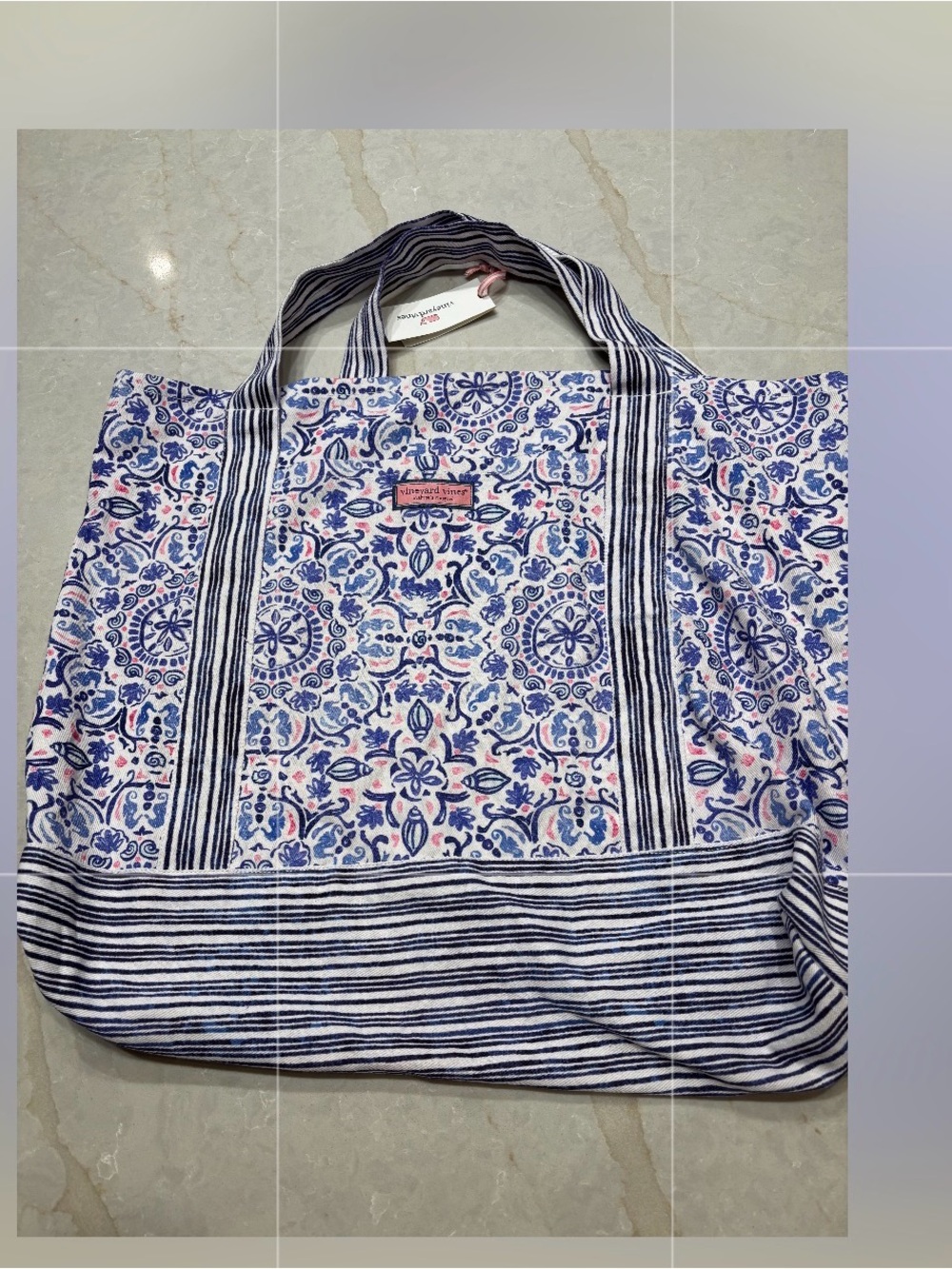 Vineyard Vines Blue and Pink Printed Canvas Tote